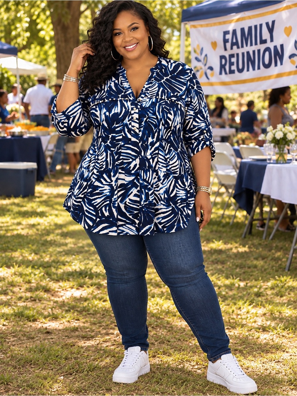 Plus-Size Navy & White Printed Button-Front Top